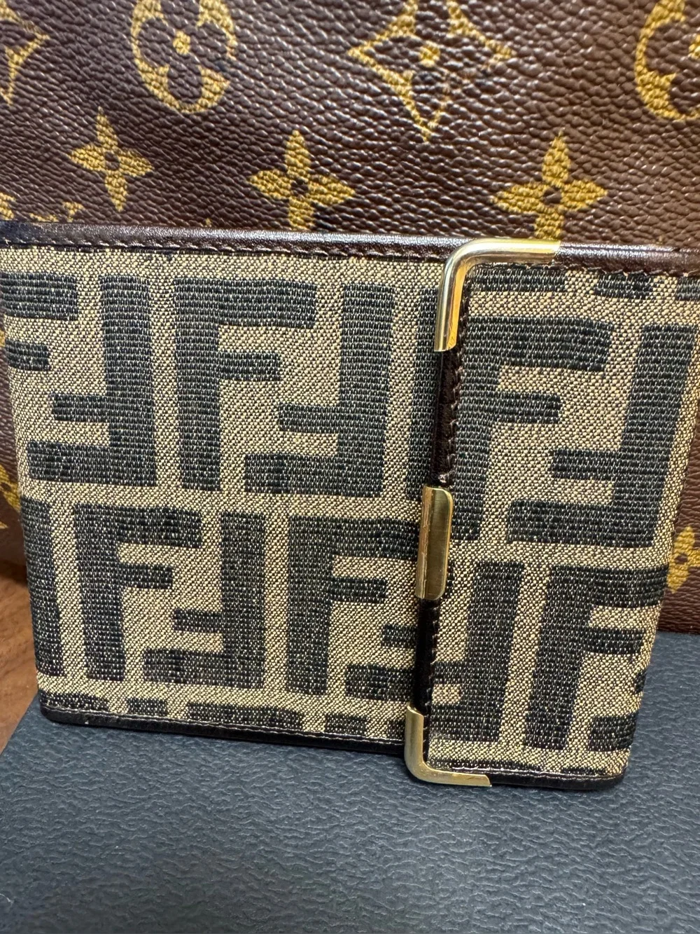 Fendi Brown and Black FF Canvas Bifold Wallet with Gold Accents